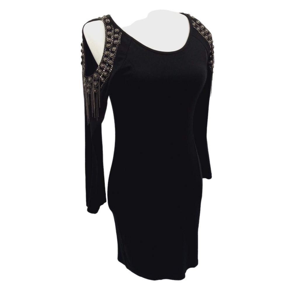 TOV Holy-G Dress Sz L Black Bodycon Stud Chain Embellished Cold Shoulder Gothic